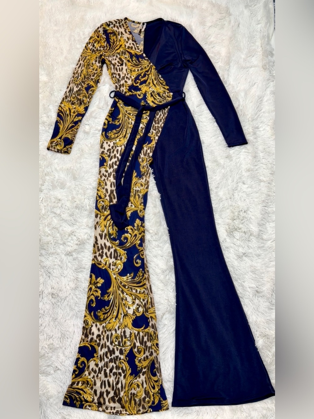 K TOO Navy & Gold Baroque Jumpsuit with Tie Belt